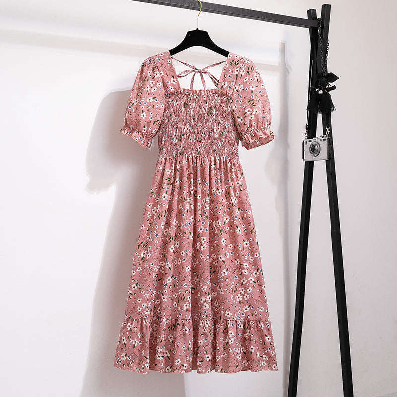 Summer Pleated Chiffon Midi Dress with Flattering A-Line Flow-oufen / One Size