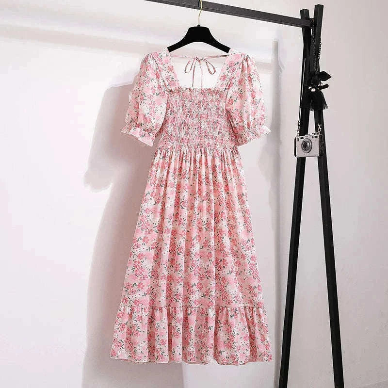 Summer Pleated Chiffon Midi Dress with Flattering A-Line Flow-oufen / One Size
