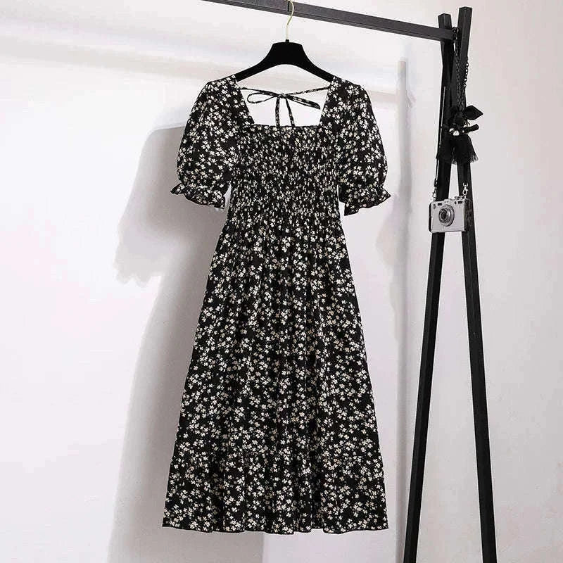 Summer Pleated Chiffon Midi Dress with Flattering A-Line Flow-oufen / One Size