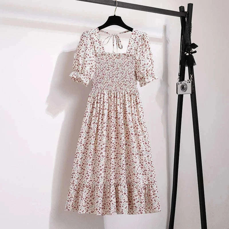 Summer Pleated Chiffon Midi Dress with Flattering A-Line Flow-oufen / One Size