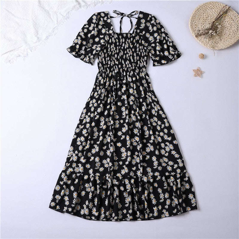 Summer Pleated Chiffon Midi Dress with Flattering A-Line Flow-oufen / One Size