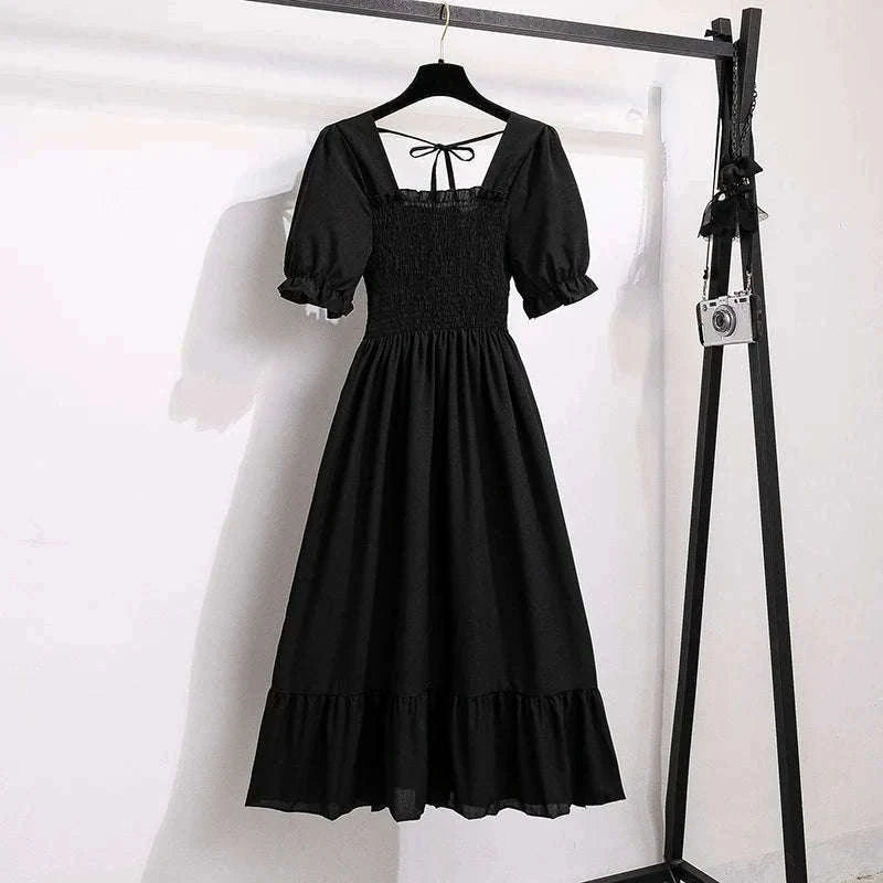 Summer Pleated Chiffon Midi Dress with Flattering A-Line Flow-oufen / One Size