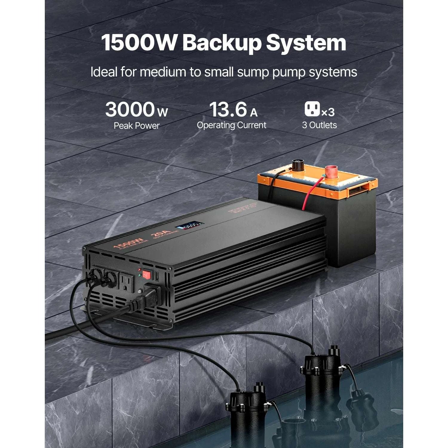 Sump Pump Battery Backup System 1500W / 3000W Auto Switch-3000W / United States