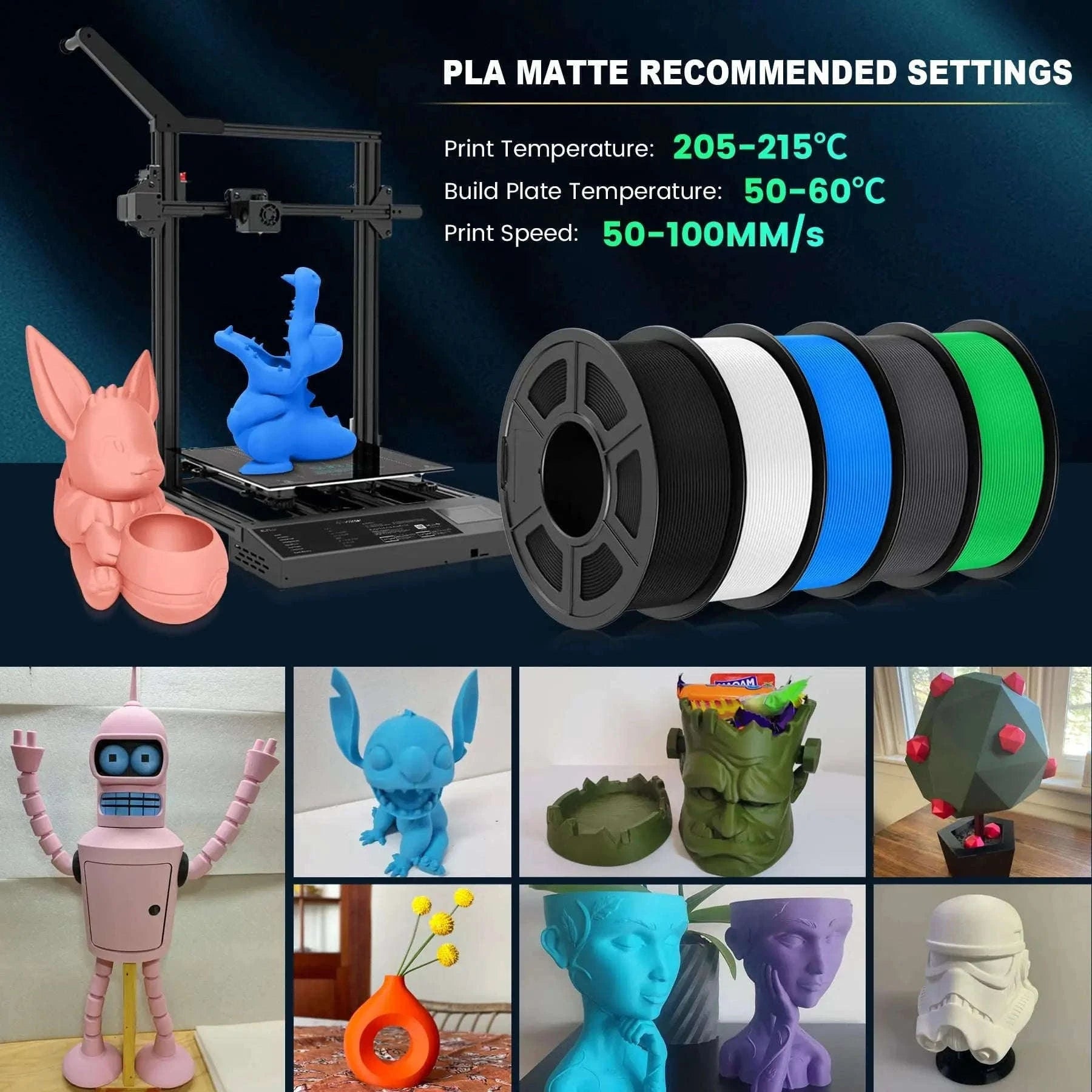 SUNLU PLAmatte 1.75mm 3D Filament for Clean, Matte Prints-5 Blue / GERMANY