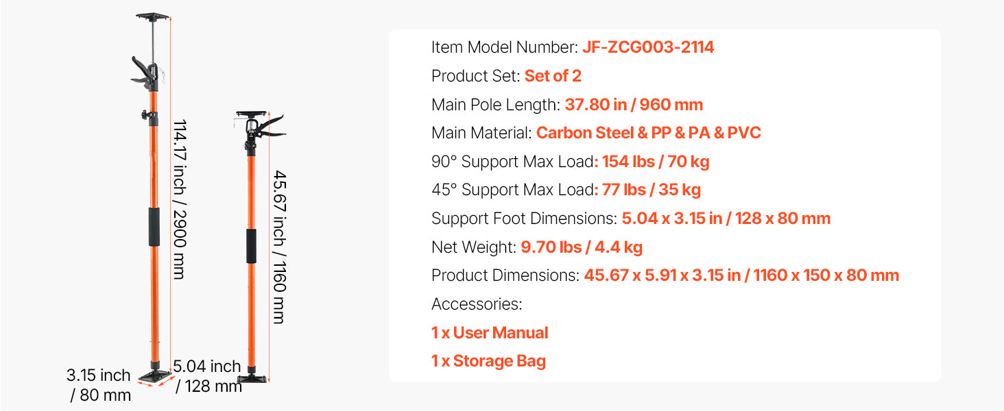 Adjustable Cabinet Jack Support Pole 19–114in Steel Lift Rod