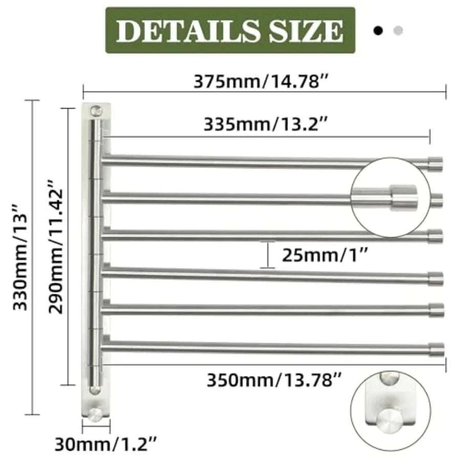 SUS304 Stainless Steel Swivel Towel Rack with 6 Swing Arms & Hook-United States / BrushedNickel