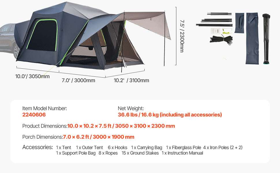 SUV Camping Tent with Awning – Waterproof Double Layer for 5–8-10x10ft / Poland