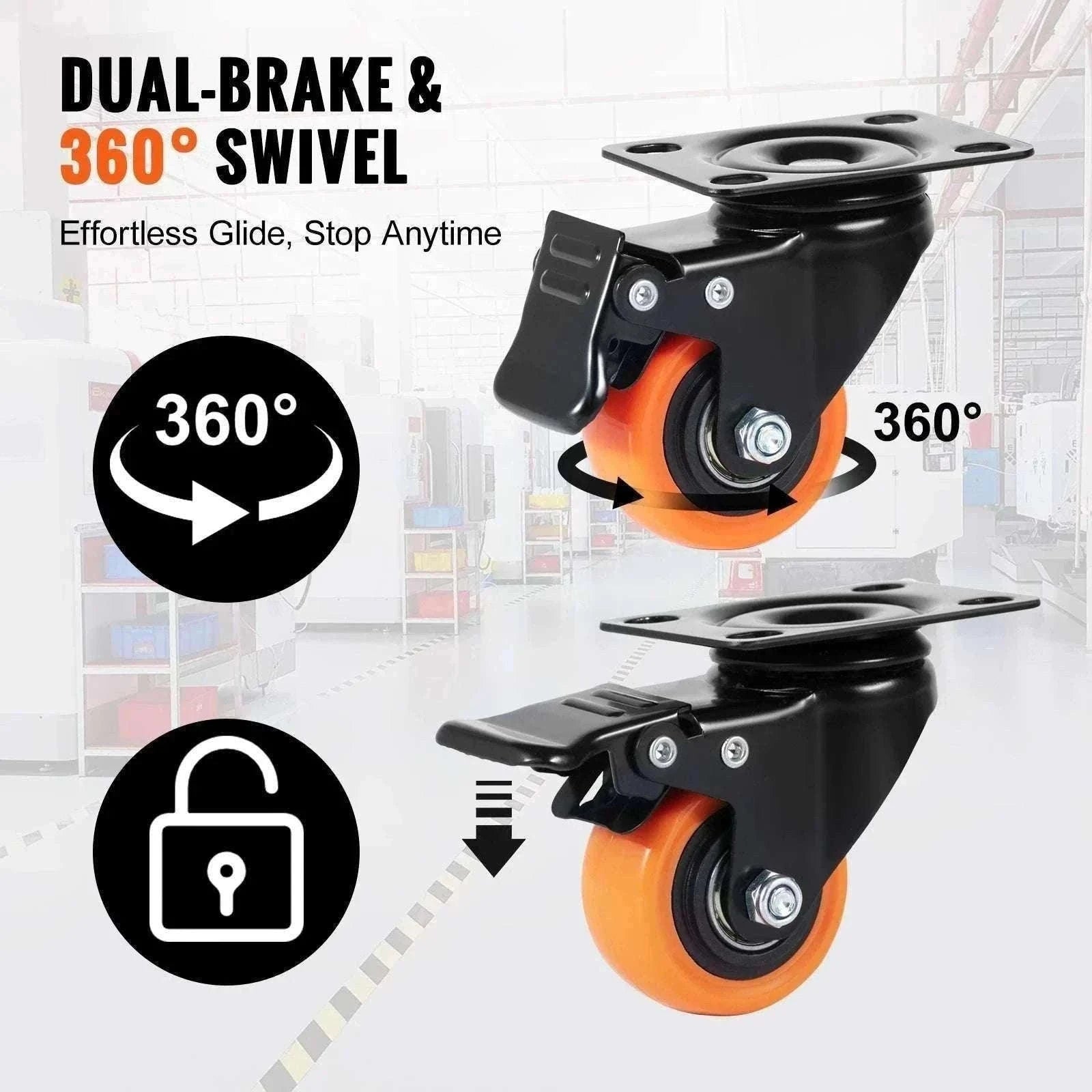 Swivel Plate Caster Wheels Set of 4 with Dual Lock Brakes-3 in / CZECH REPUBLIC