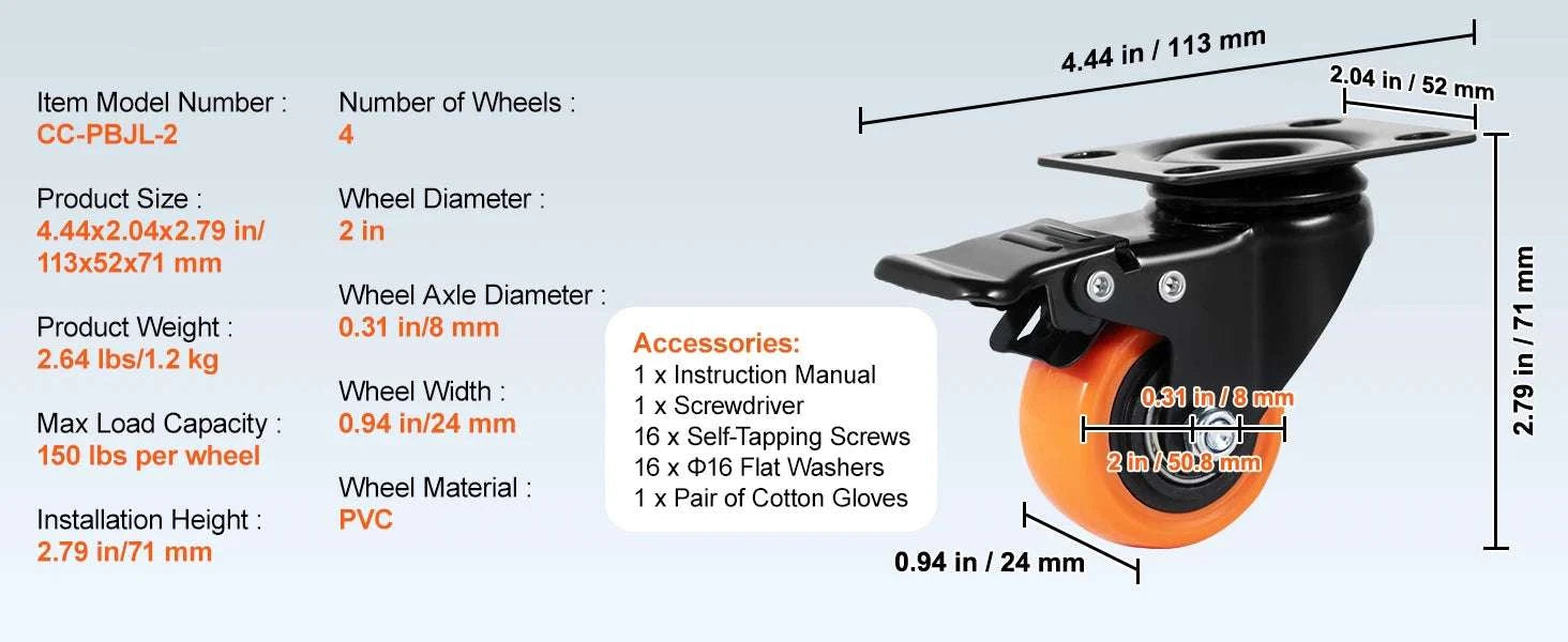 Swivel Plate Caster Wheels Set of 4 with Dual Lock Brakes-3 in / CZECH REPUBLIC