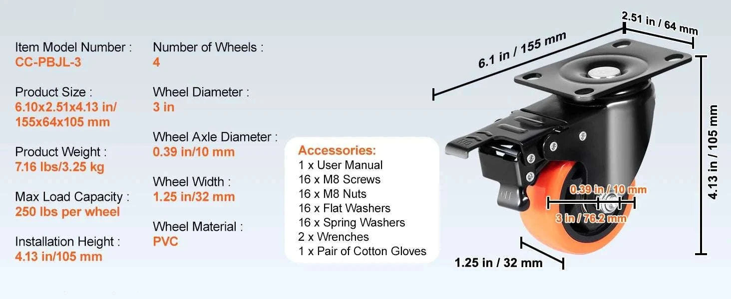 Swivel Plate Caster Wheels Set with Dual Locking Brakes 2–6 Inch-5 in / United States