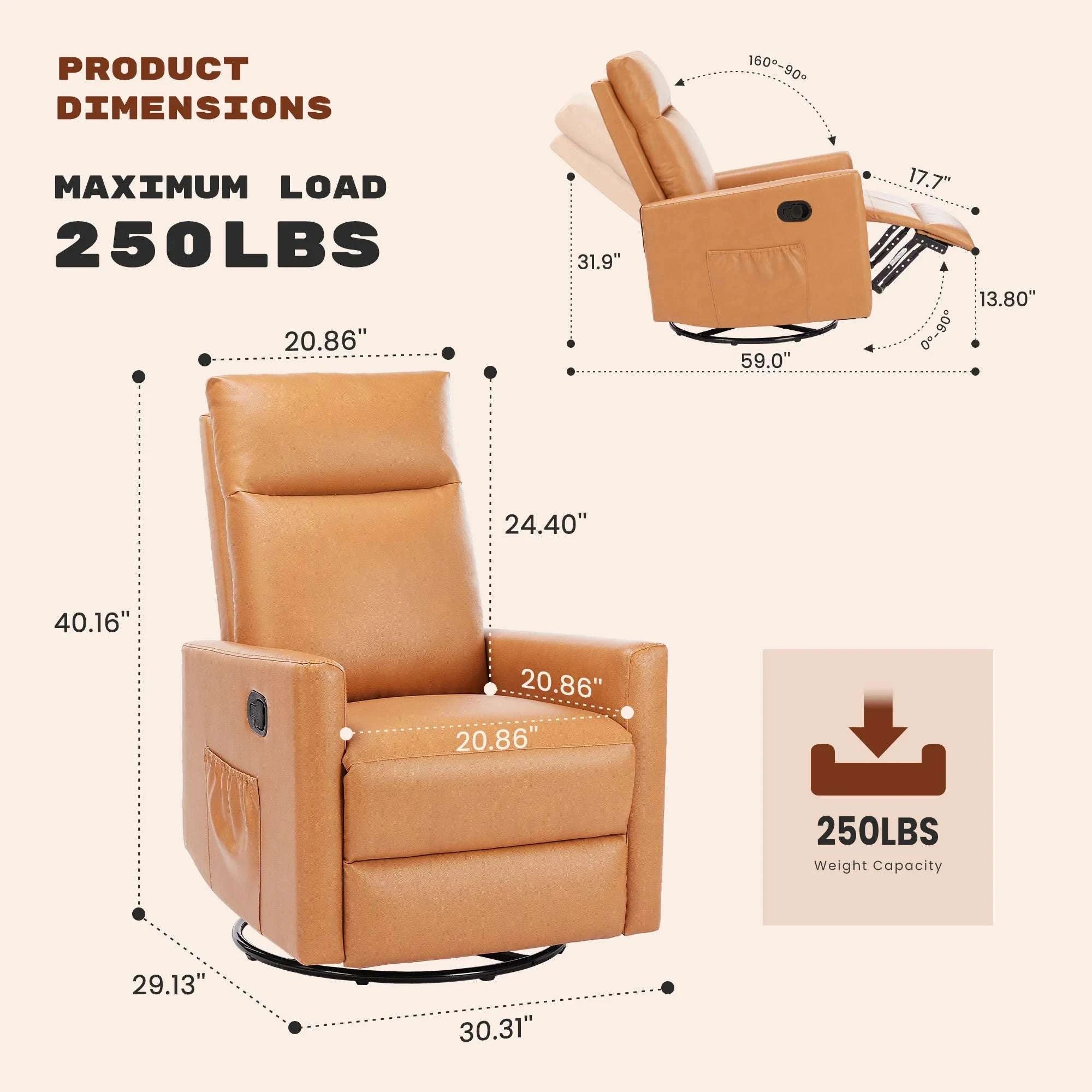 Swivel Rocker Recliner Chair with Large Footrest and Deep Seat-Brown / One Seat / United States