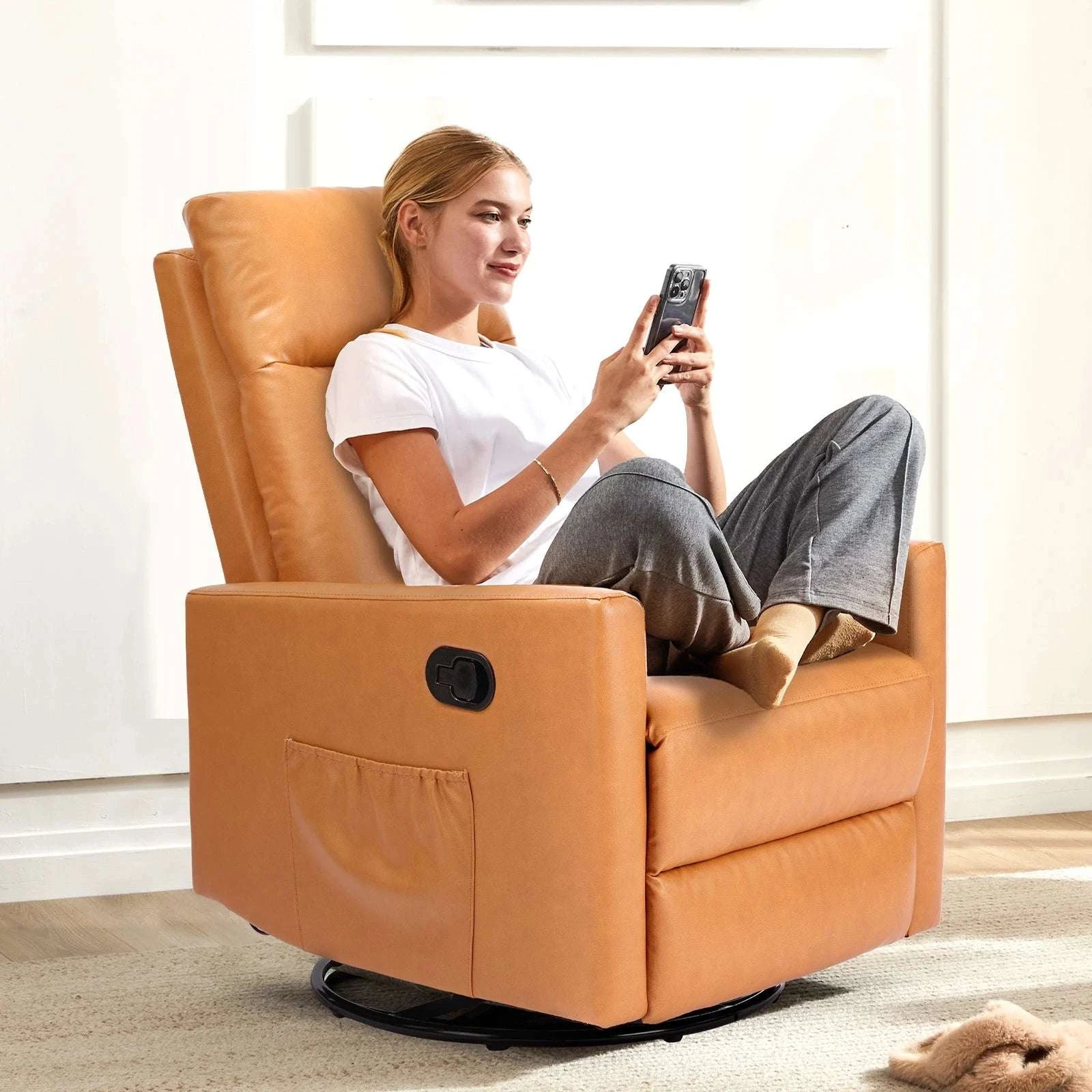 Swivel Rocker Recliner Chair with Large Footrest and Deep Seat-Brown / One Seat / United States