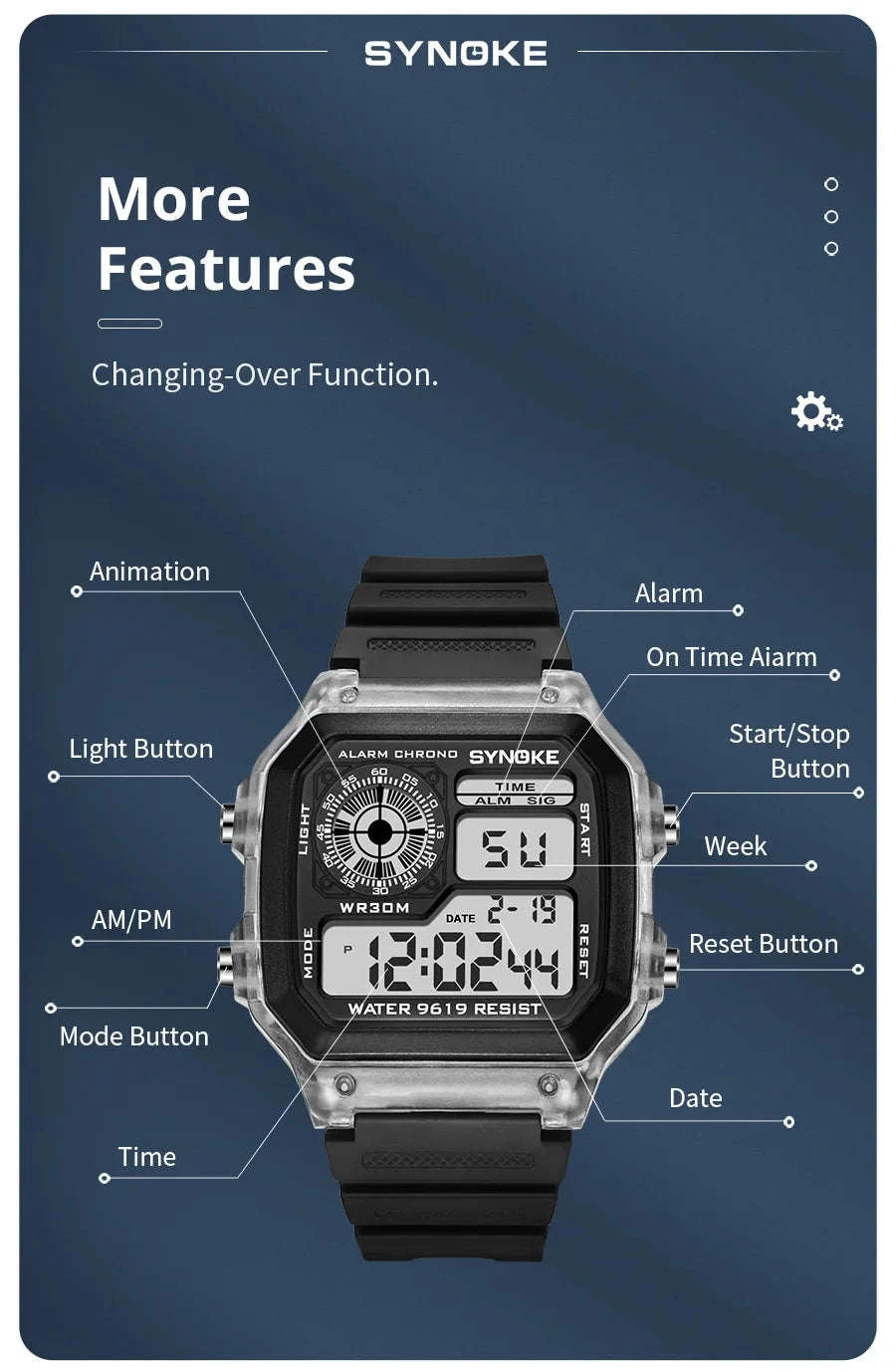 SYNOKE Digital Sports Watch with Multifunction Luminous Display-Grey