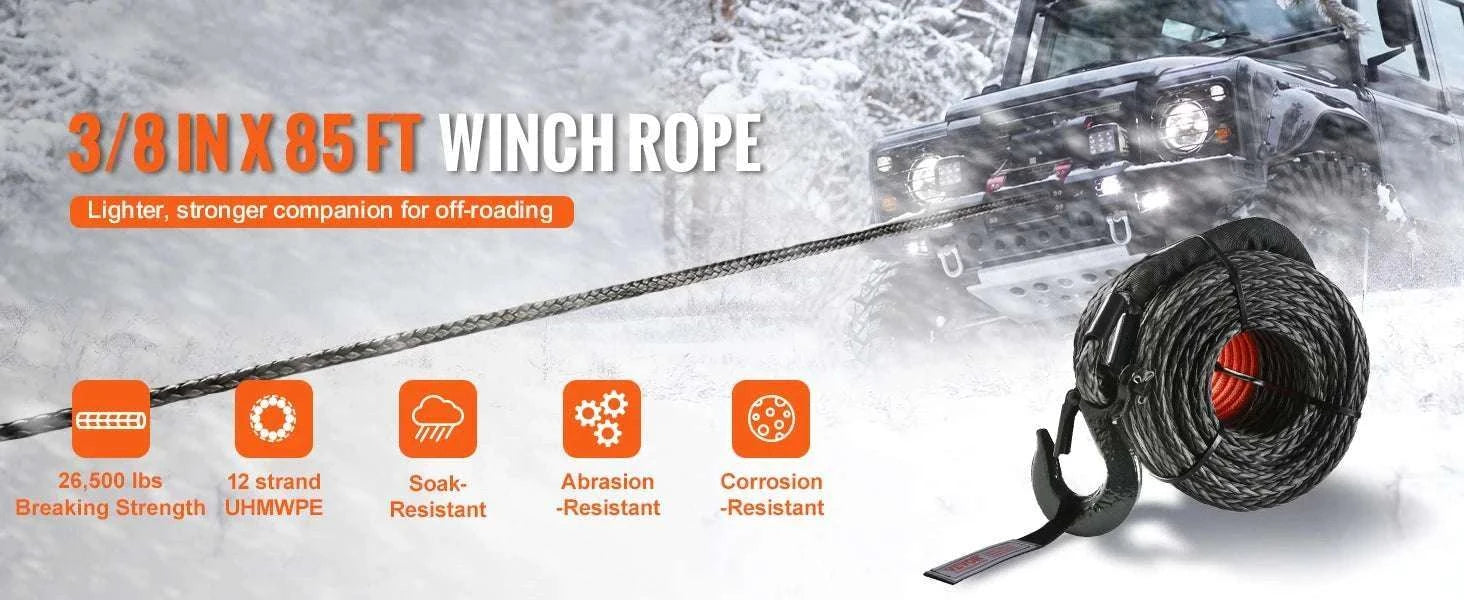 Synthetic Winch Rope 26500–32000 lbs with Hook for Truck ATV-