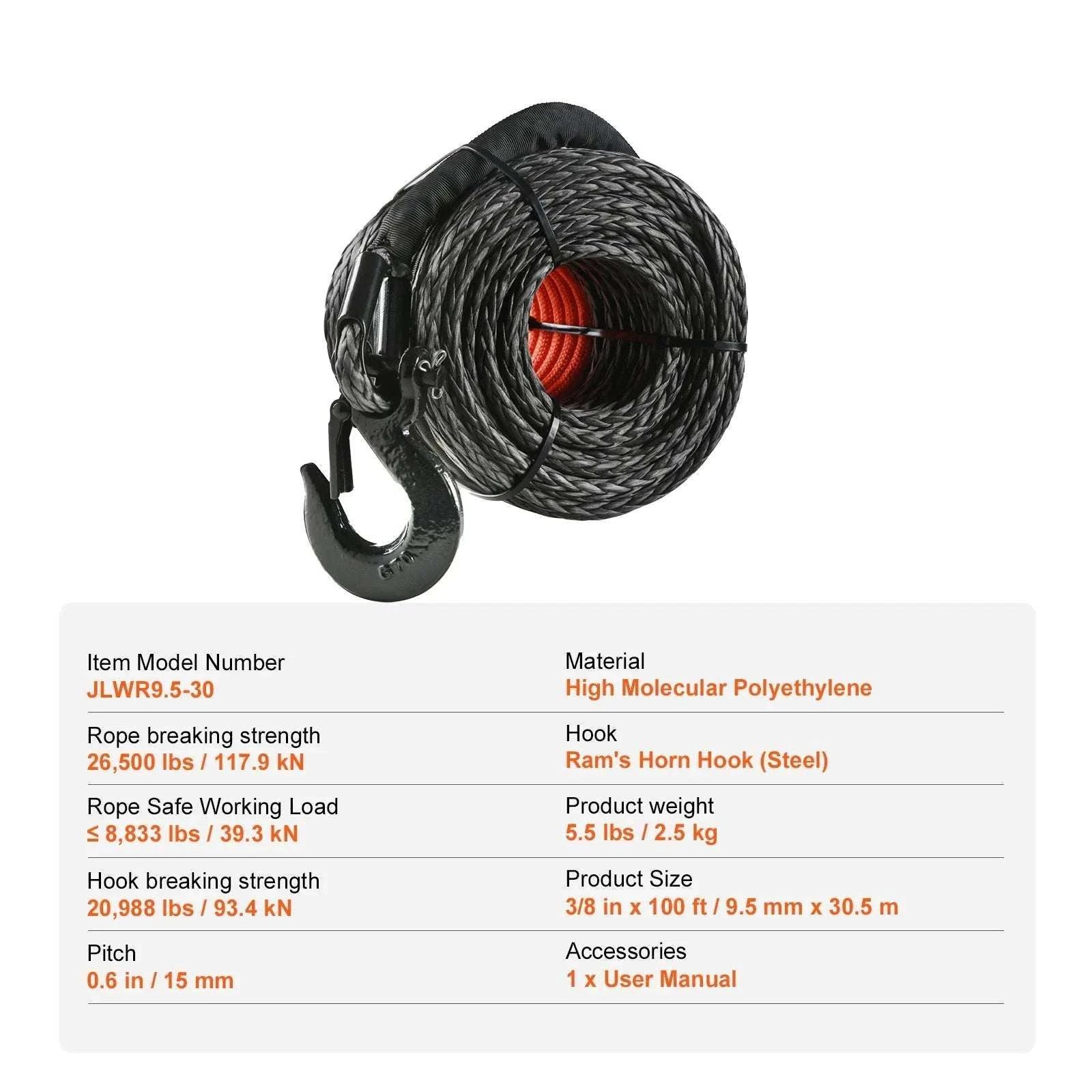 Synthetic Winch Rope 26500–32000 lbs with Hook for Truck ATV-