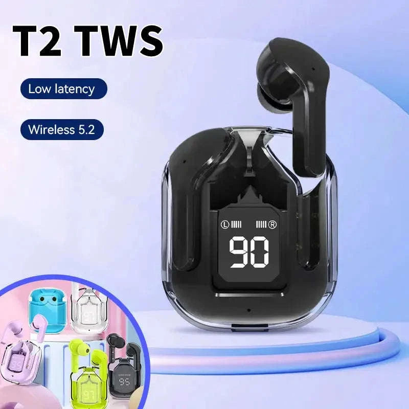 T2 Wireless Bluetooth Earphones with Transparent Design and LED Display-Pink