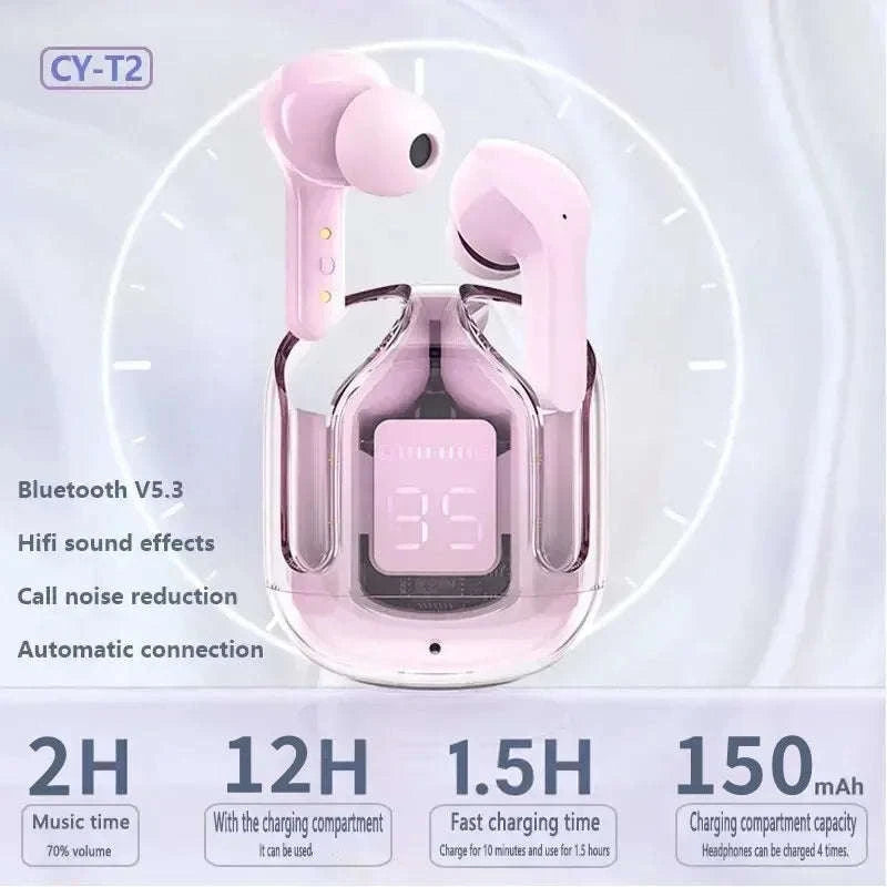 T2 Wireless Bluetooth Earphones with Transparent Design and LED Display-Pink
