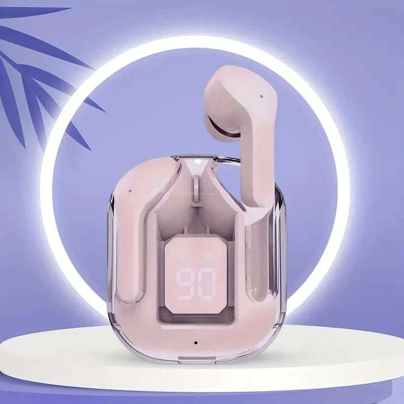 T2 Wireless Bluetooth Earphones with Transparent Design and LED Display-Pink