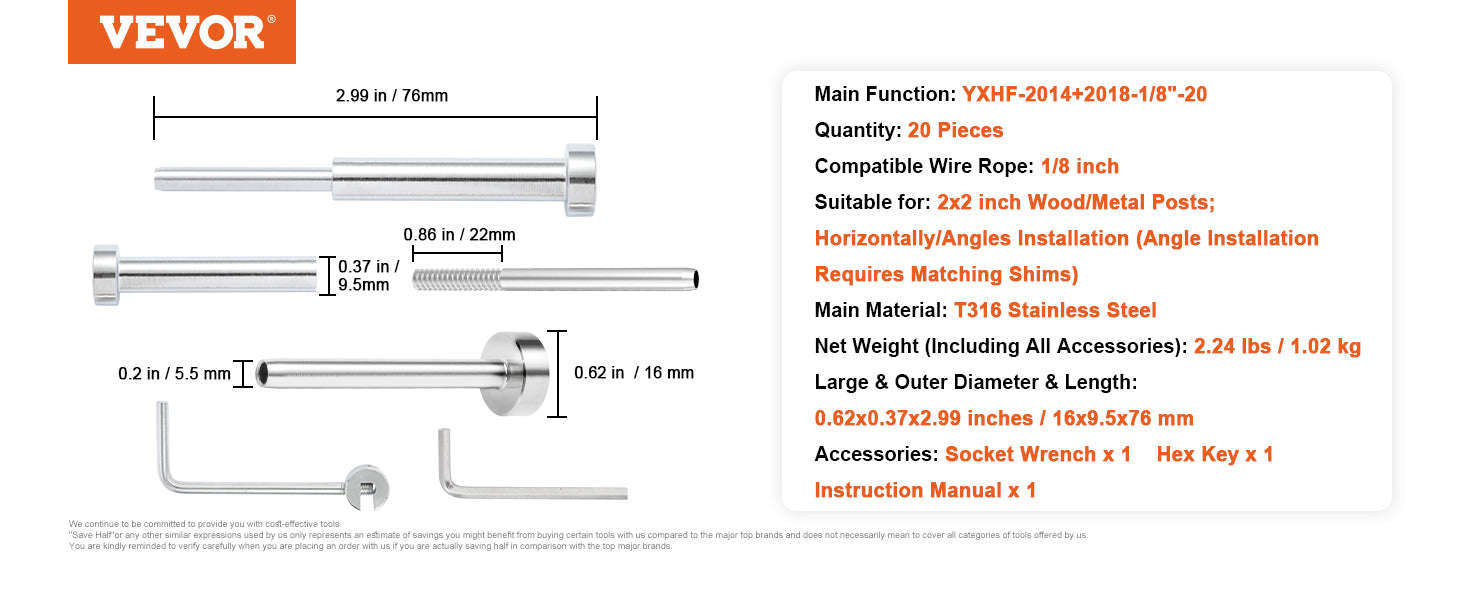 T316 Stainless Steel Cable Railing Kit for 1/8" Cable, 20 Pack-2.24lb / CZECH REPUBLIC