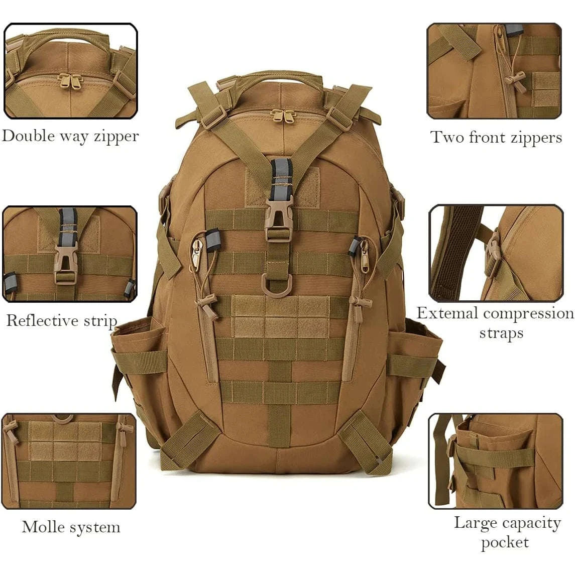 Tactical Backpack with Reflective Strips and 20-35L Storage-Khaki / United Kingdom