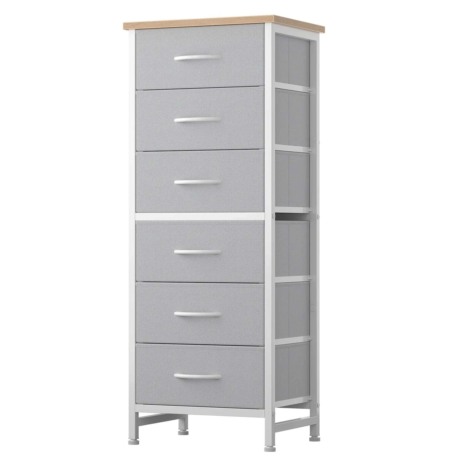 Tall Narrow 6 Drawer Fabric Dresser with Wood Top and Metal Frame-Ivory / United States