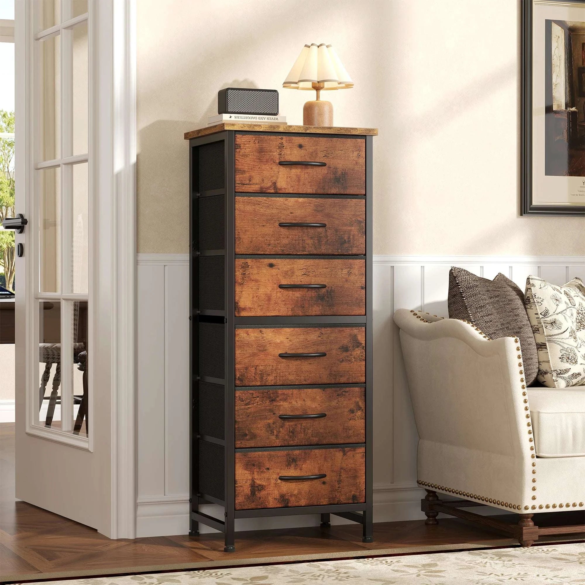 Tall Narrow 6 Drawer Fabric Dresser with Wood Top and Metal Frame-Ivory / United States