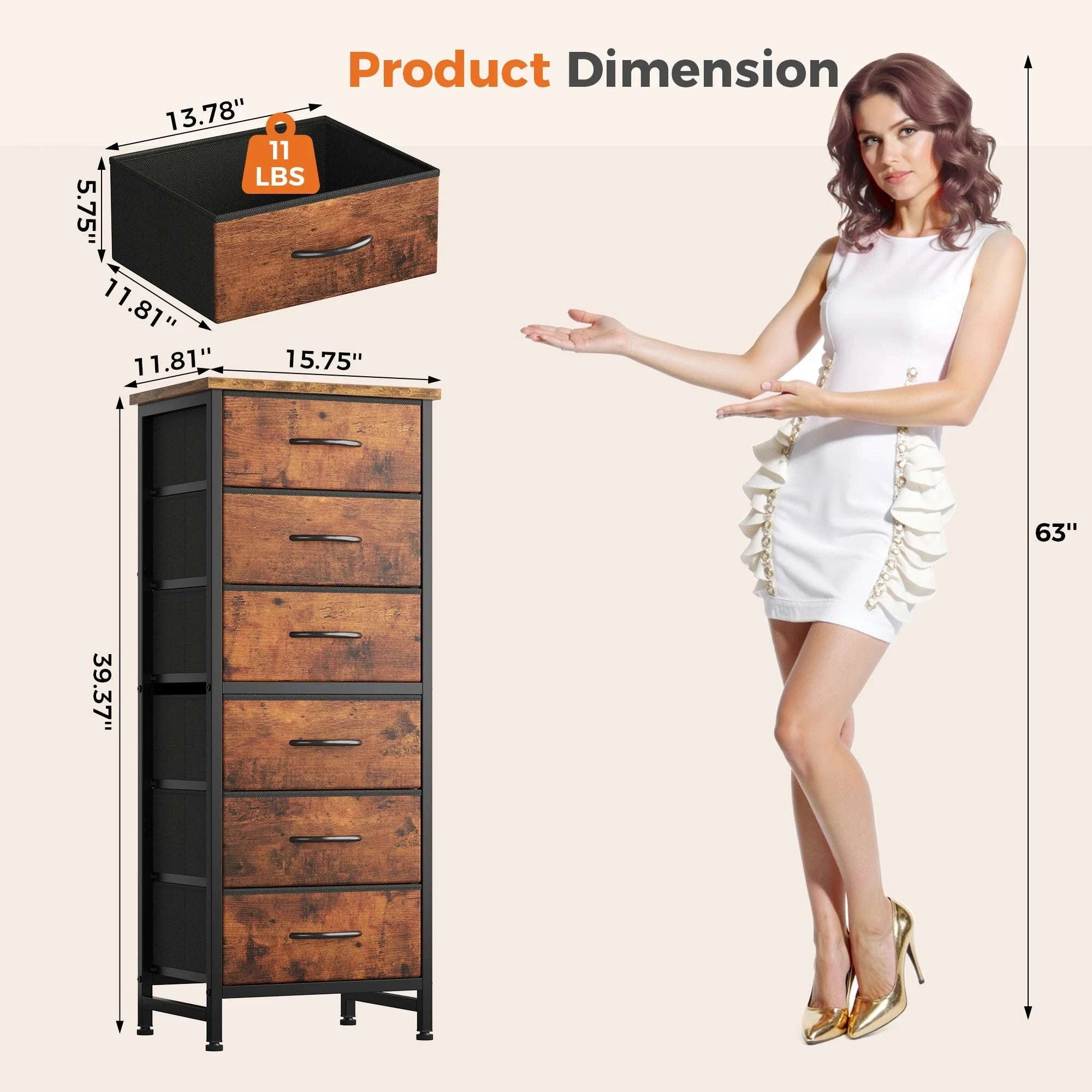 Tall Narrow 6 Drawer Fabric Dresser with Wood Top and Metal Frame-Ivory / United States