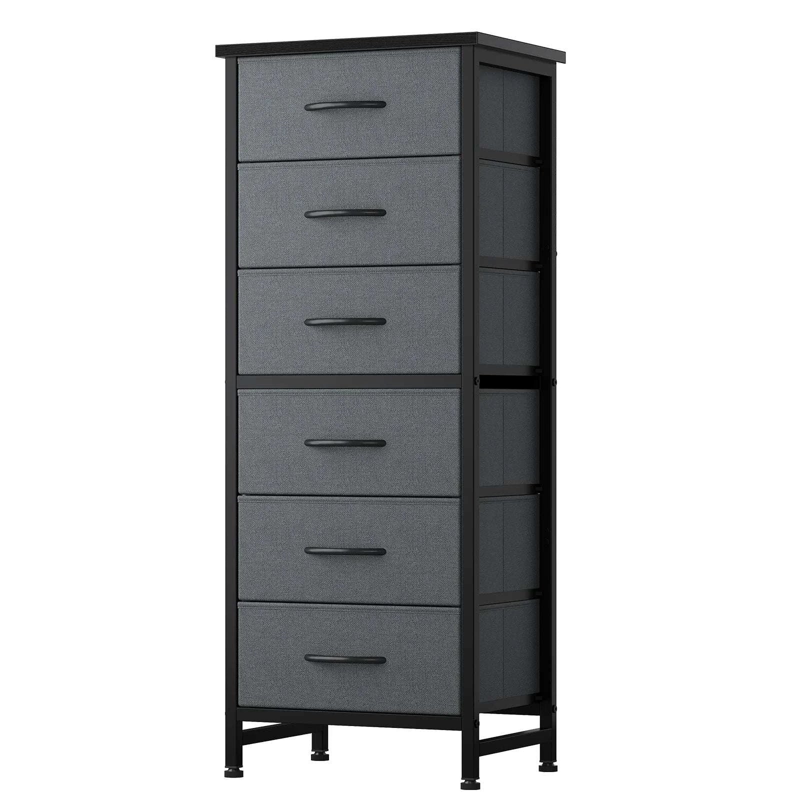 Tall Narrow 6 Drawer Fabric Dresser with Wood Top and Metal Frame-Ivory / United States