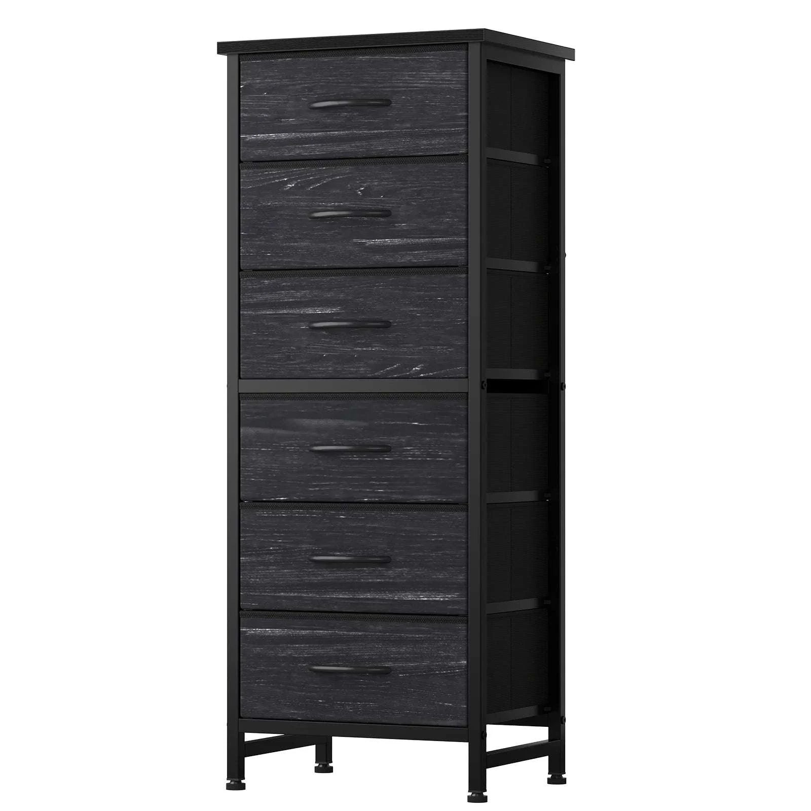 Tall Narrow 6 Drawer Fabric Dresser with Wood Top and Metal Frame-Ivory / United States