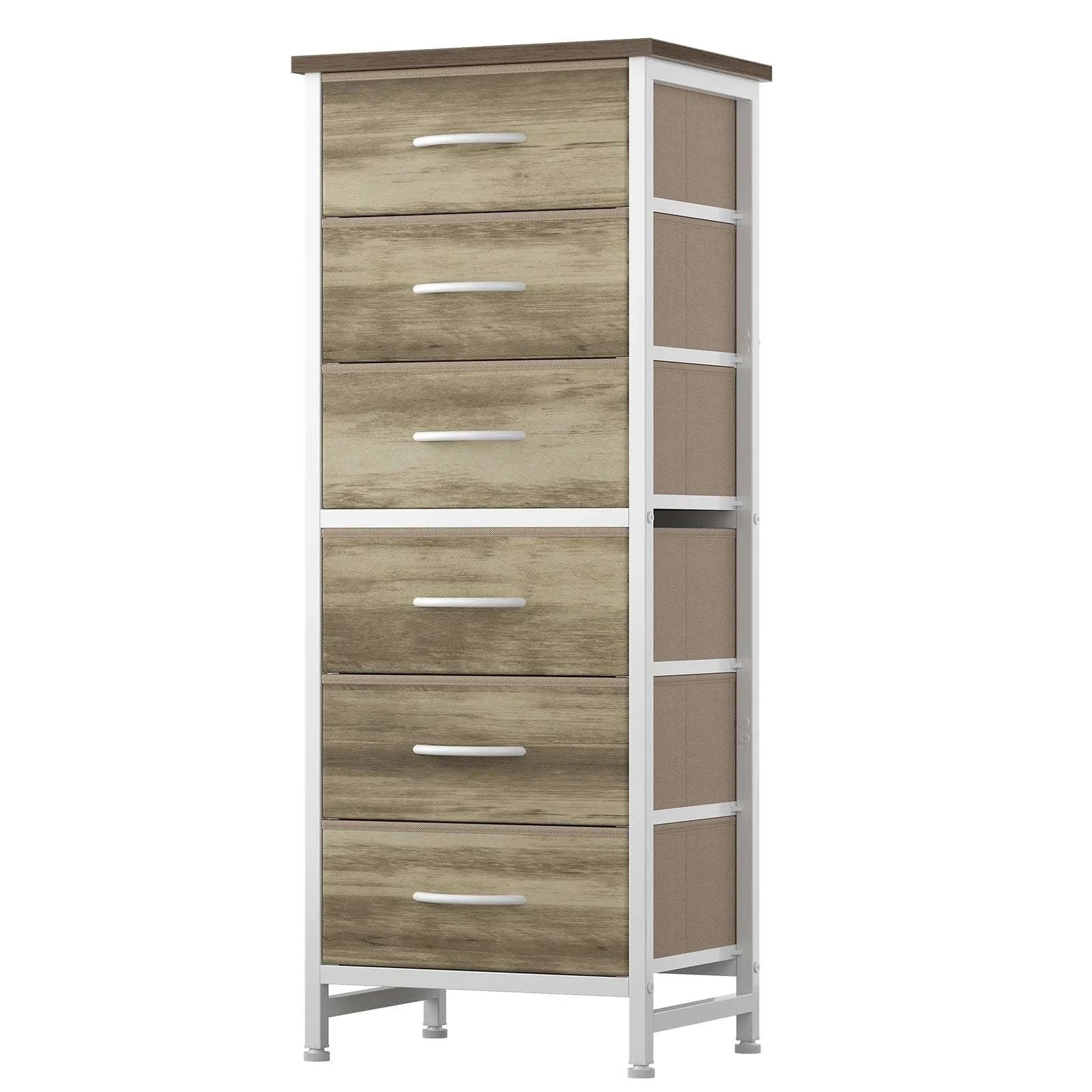 Tall Narrow 6 Drawer Fabric Dresser with Wood Top and Metal Frame-Ivory / United States
