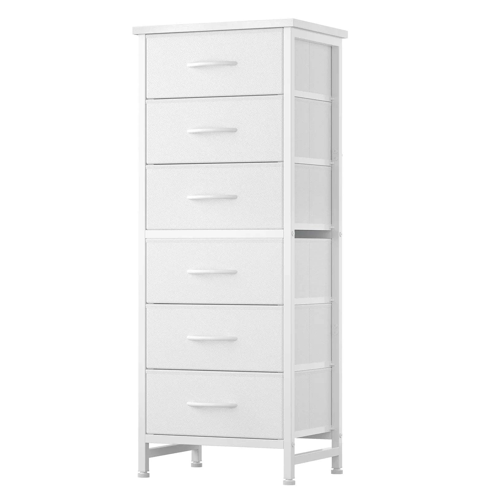 Tall Narrow 6 Drawer Fabric Dresser with Wood Top and Metal Frame-Ivory / United States
