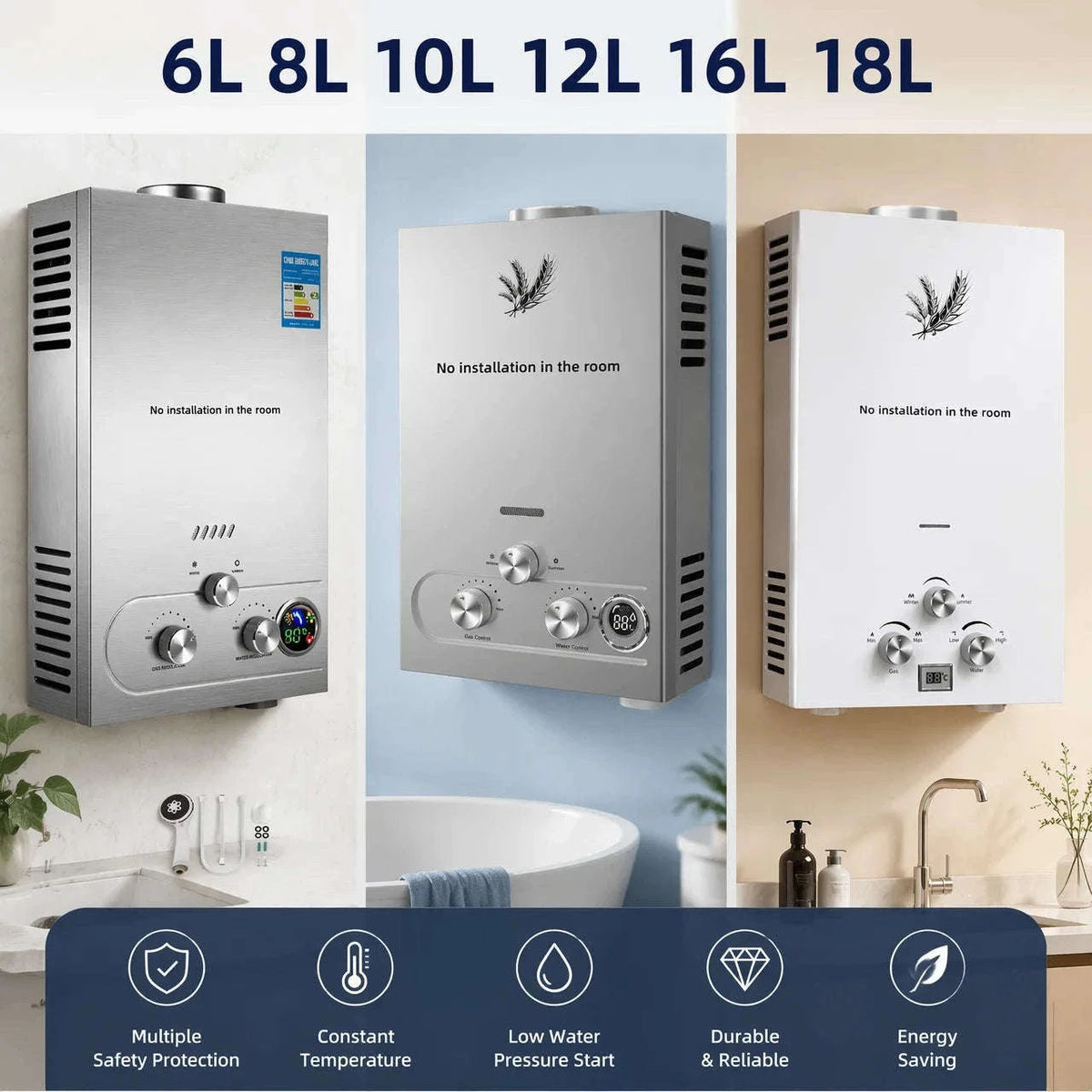 Tankless Propane Gas Water Heater Kit, Stainless Steel-Poland / 10L 12KW white