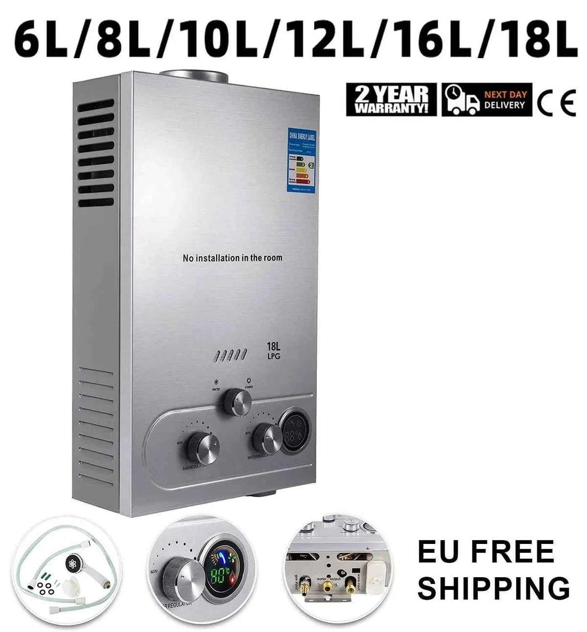 Tankless Propane Gas Water Heater Kit, Stainless Steel-Poland / 10L 12KW white