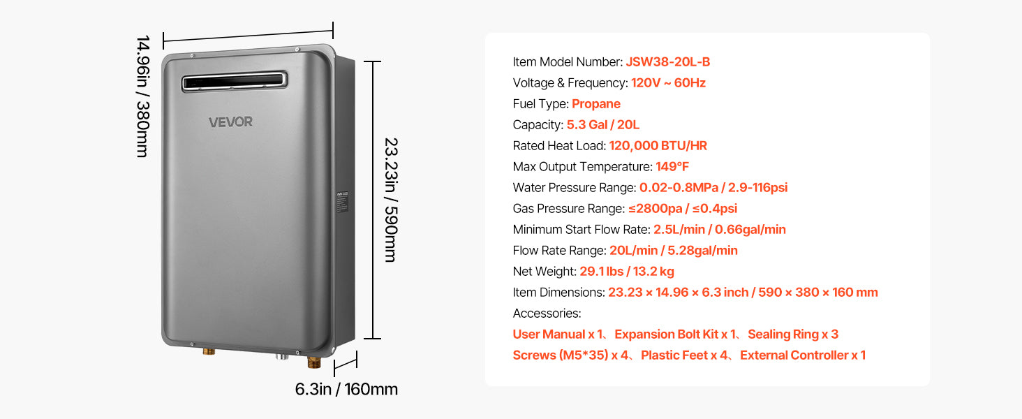 Propane Tankless Water Heater 5.3 Gal 120000 BTU Outdoor