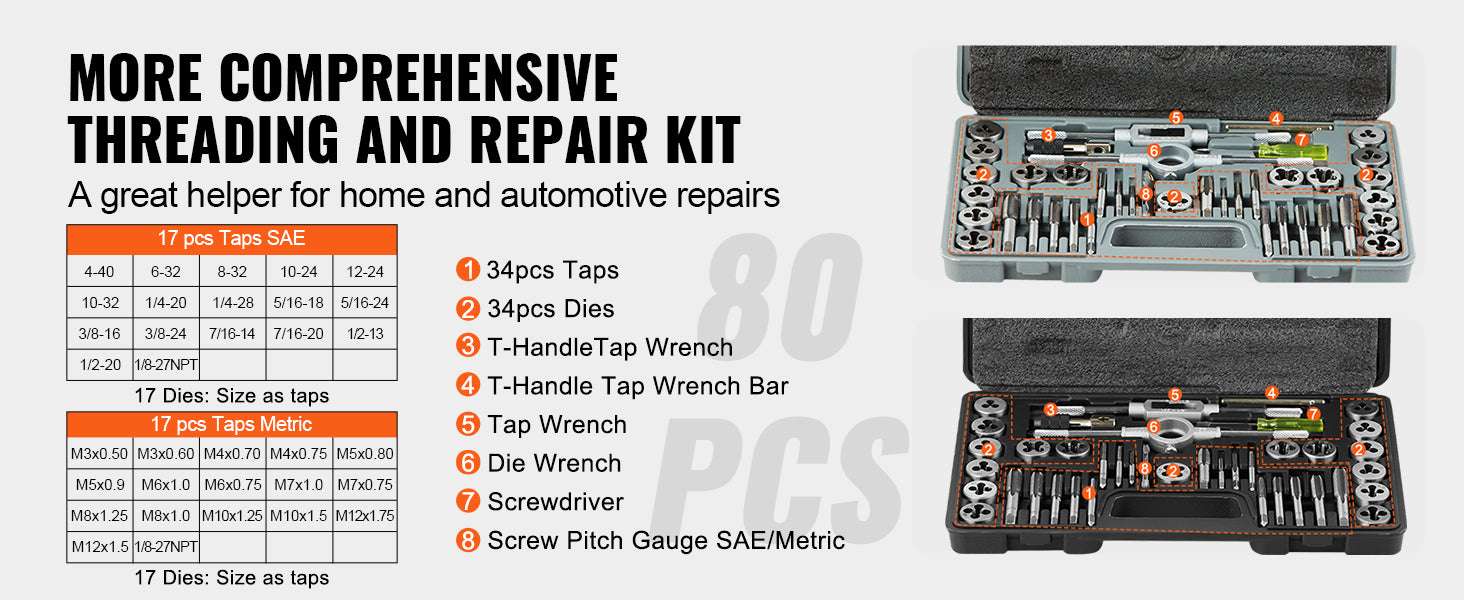 Tap and Die Set Metric & SAE Threading Tool Kit (40–116 Pieces)-80 PCs SAE Metric / france
