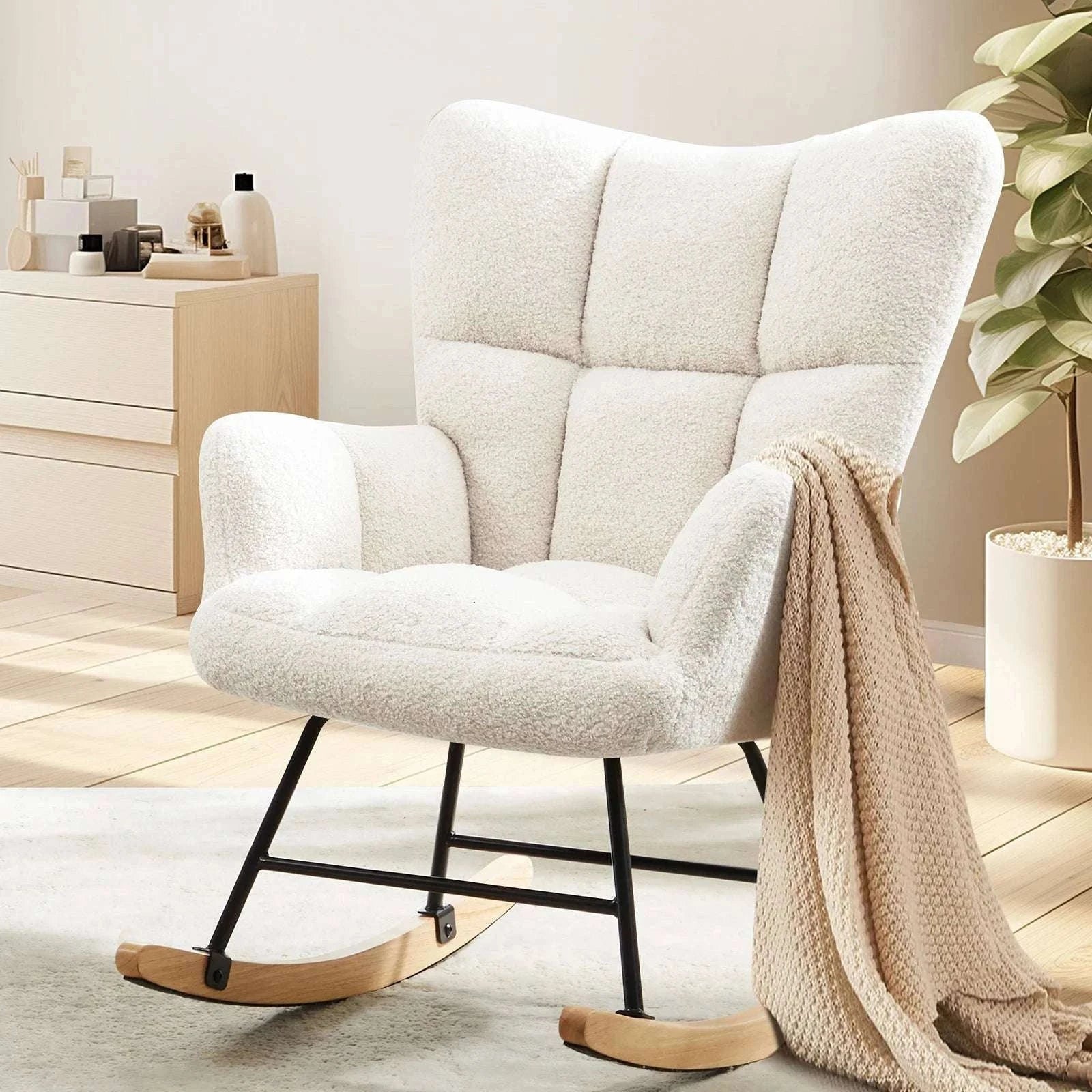 Teddy Fabric Glider Rocking Chair with High Back & Padded Seat-Pink / United States