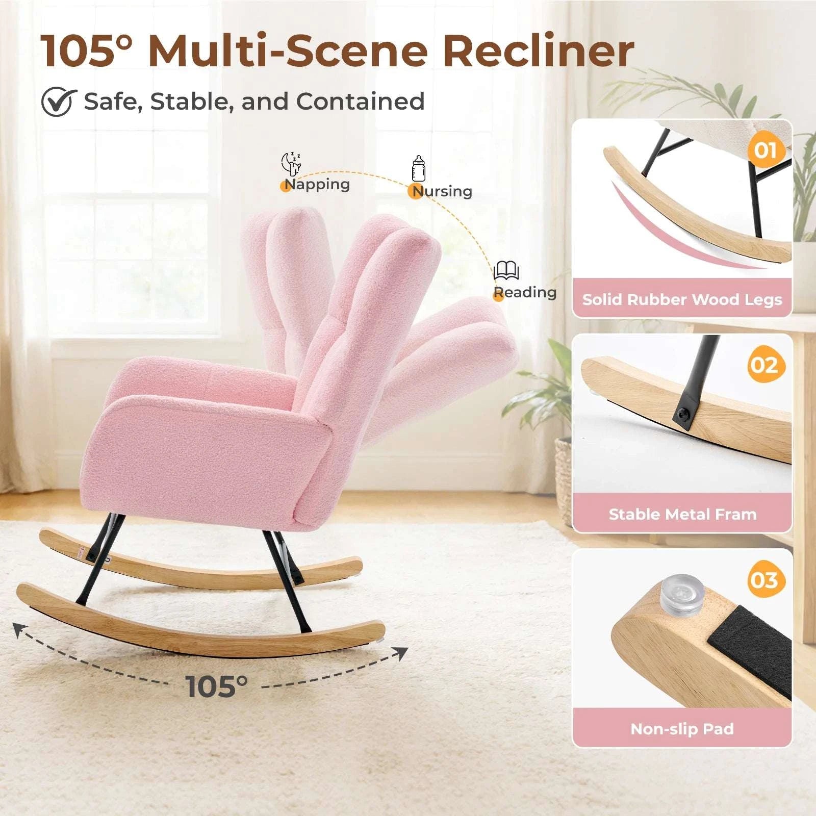 Teddy Upholstered Rocking Chair with High Back, Padded Seat-Rice White / United States