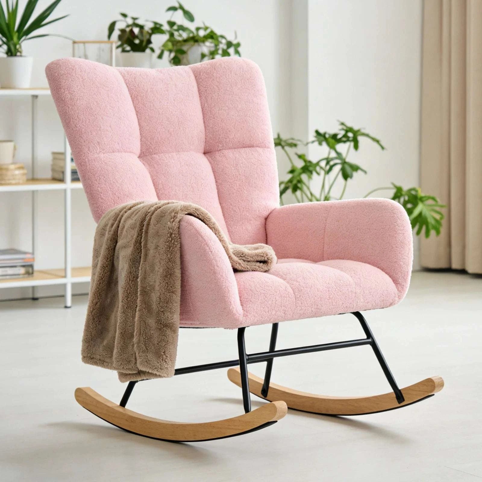 Teddy Upholstered Rocking Chair with High Back, Padded Seat-Rice White / United States