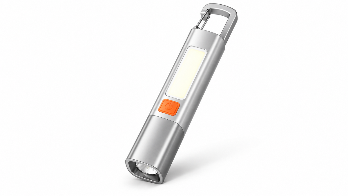 Silver portable telescopic work light on white background