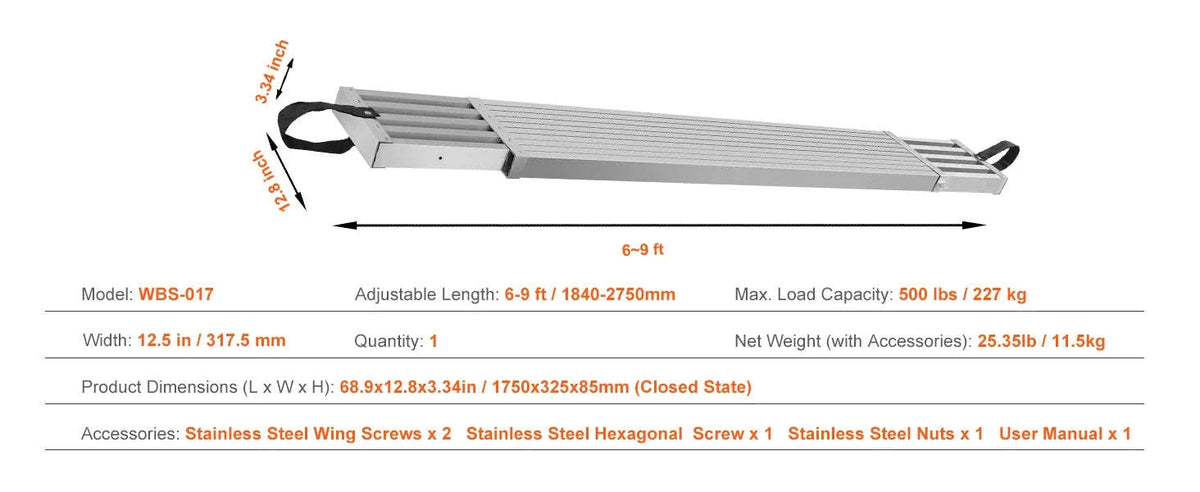 Telescoping Aluminum Work Plank 6-9 ft 500 lbs Capacity 12.5 in Width-6-9 ft / france