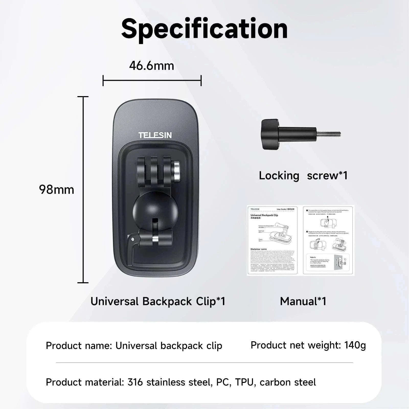 TELESIN 360° Rotating Magnetic Backpack Clip for Action Cameras-With Magnetic B