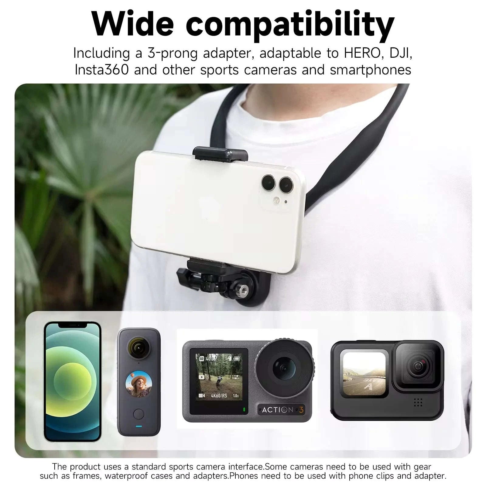 TELESIN Neck Hold Mount Chest Mount for Action Cameras-With phone clip