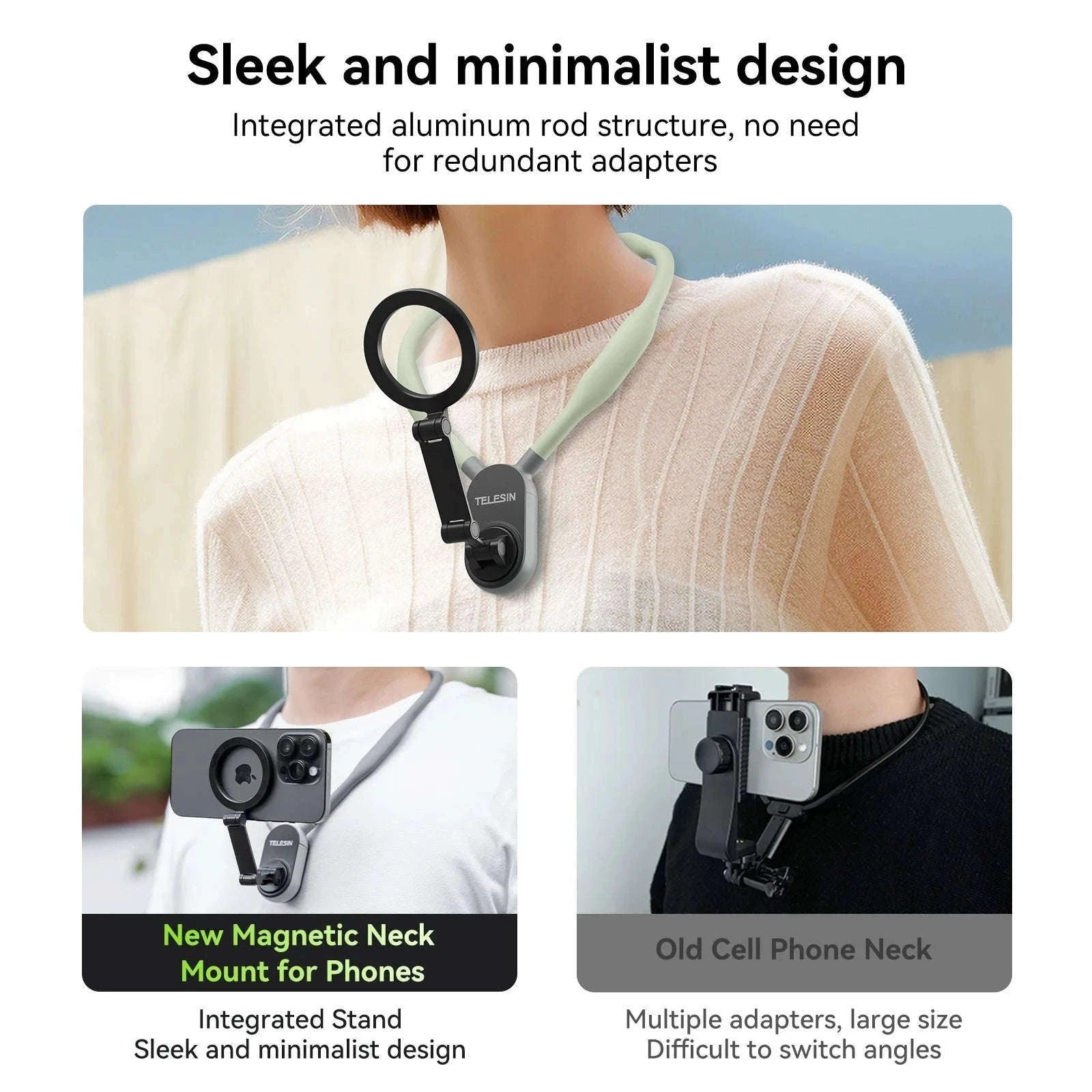 TELESIN Silicone Magnetic Neck Mount for Hands-Free POV Filming-Grey