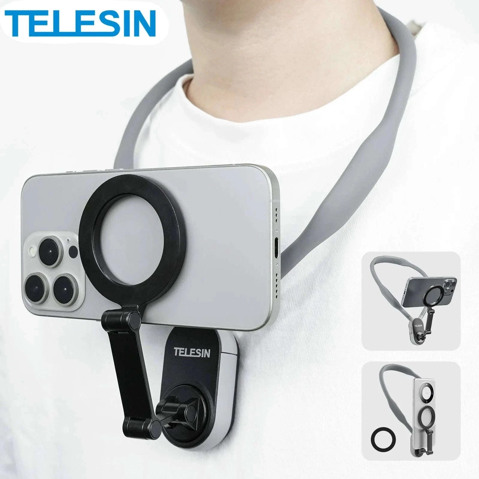 TELESIN Silicone Magnetic Neck Mount for Hands-Free POV Filming-Grey