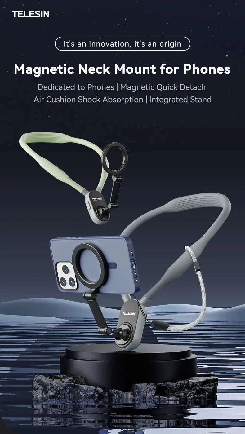TELESIN Silicone Magnetic Neck Mount for Hands-Free POV Filming-Grey