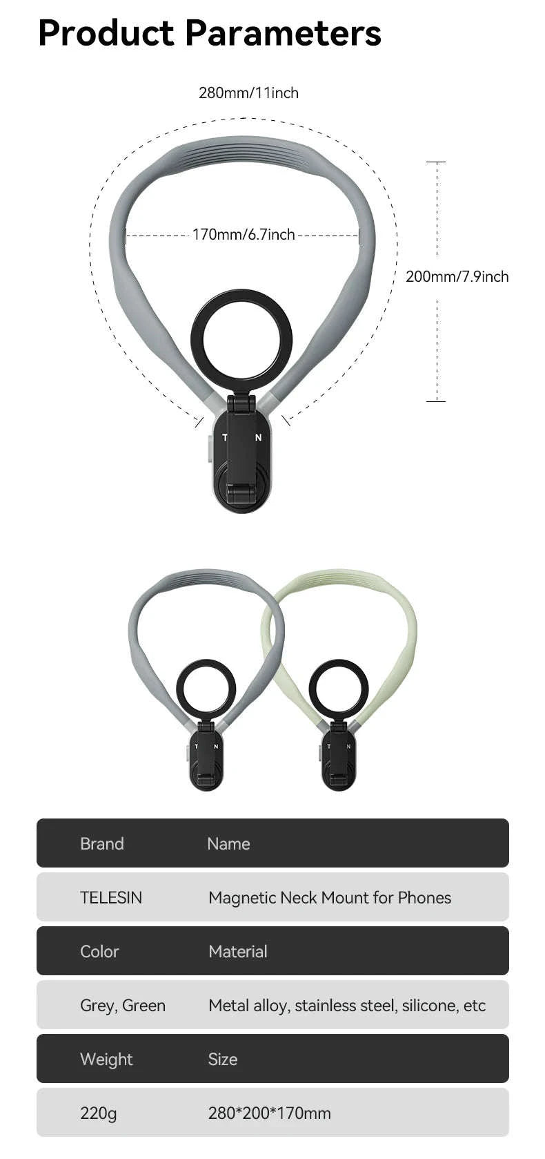TELESIN Silicone Magnetic Neck Mount Quick Release for Smartphones-Grey remote set