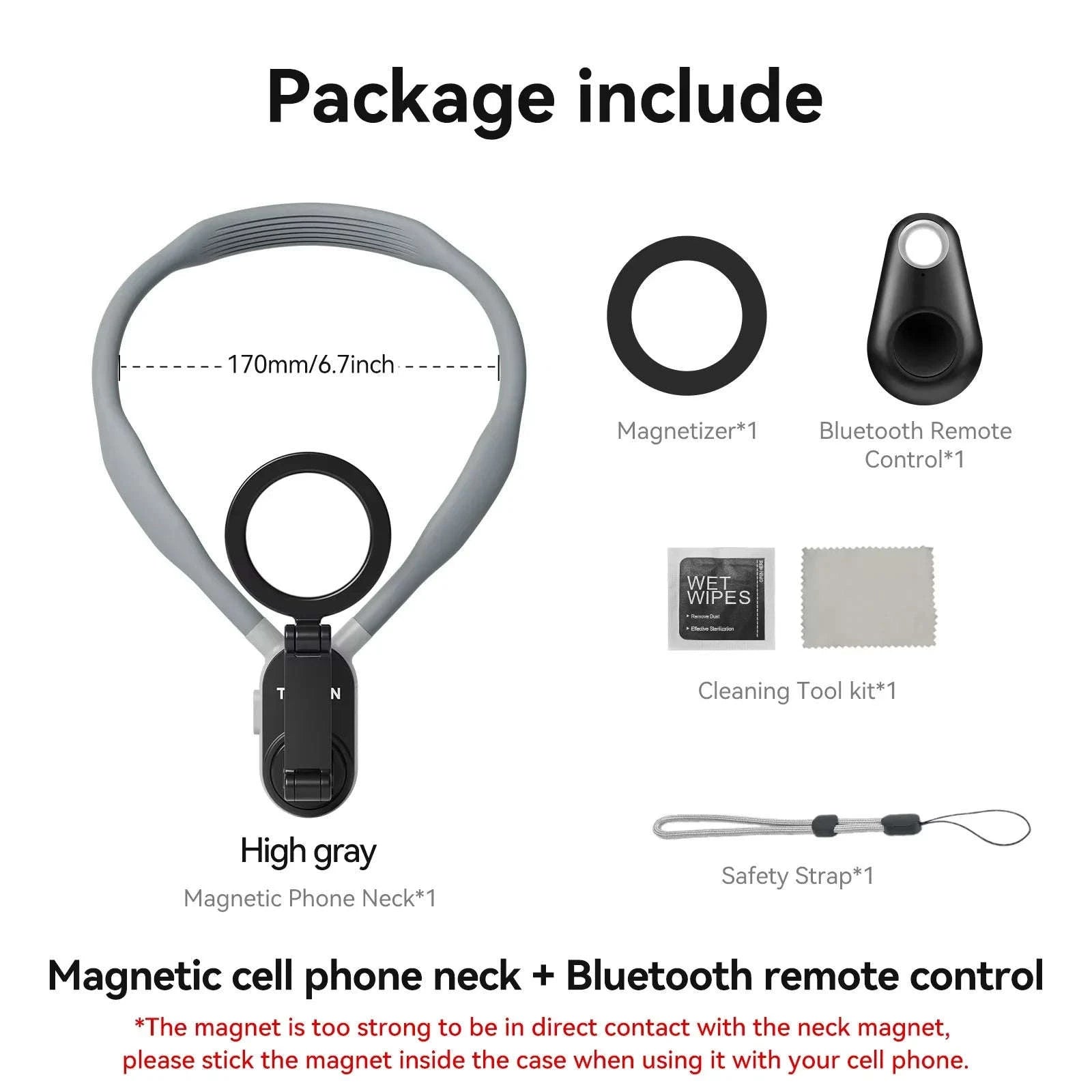 TELESIN Silicone Magnetic Neck Mount Quick Release for Smartphones-Grey remote set