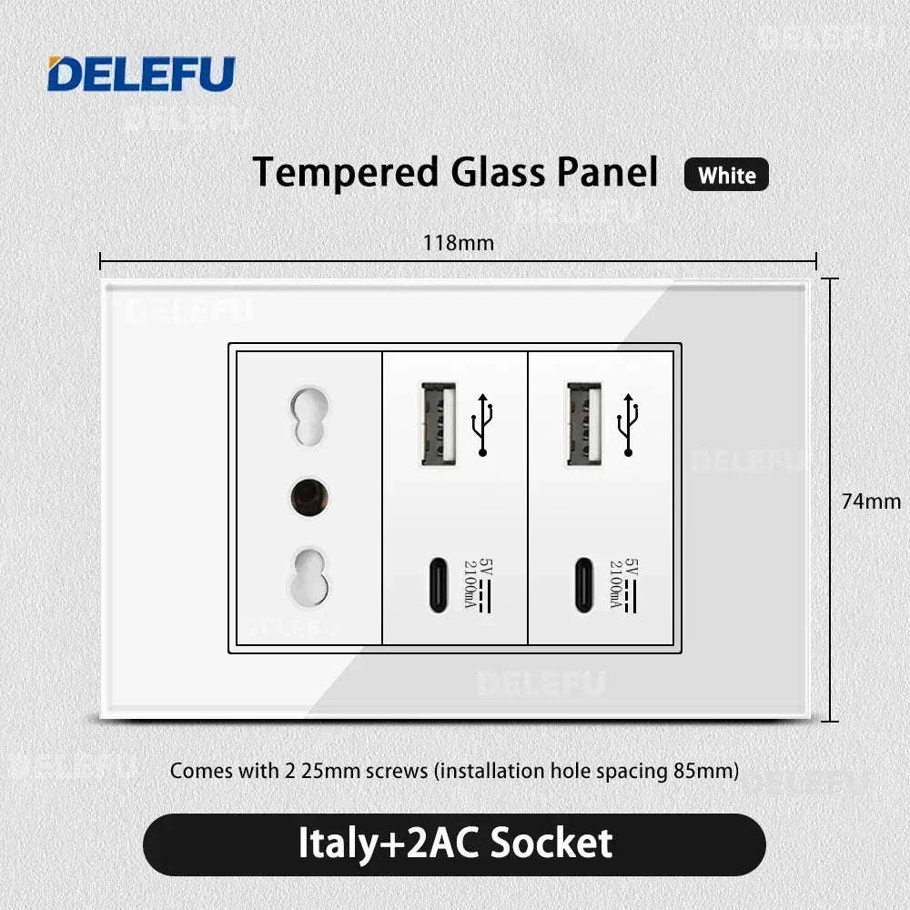 Tempered Glass Tuya WiFi Smart Wall Socket-Glass White / 2 Italy AC