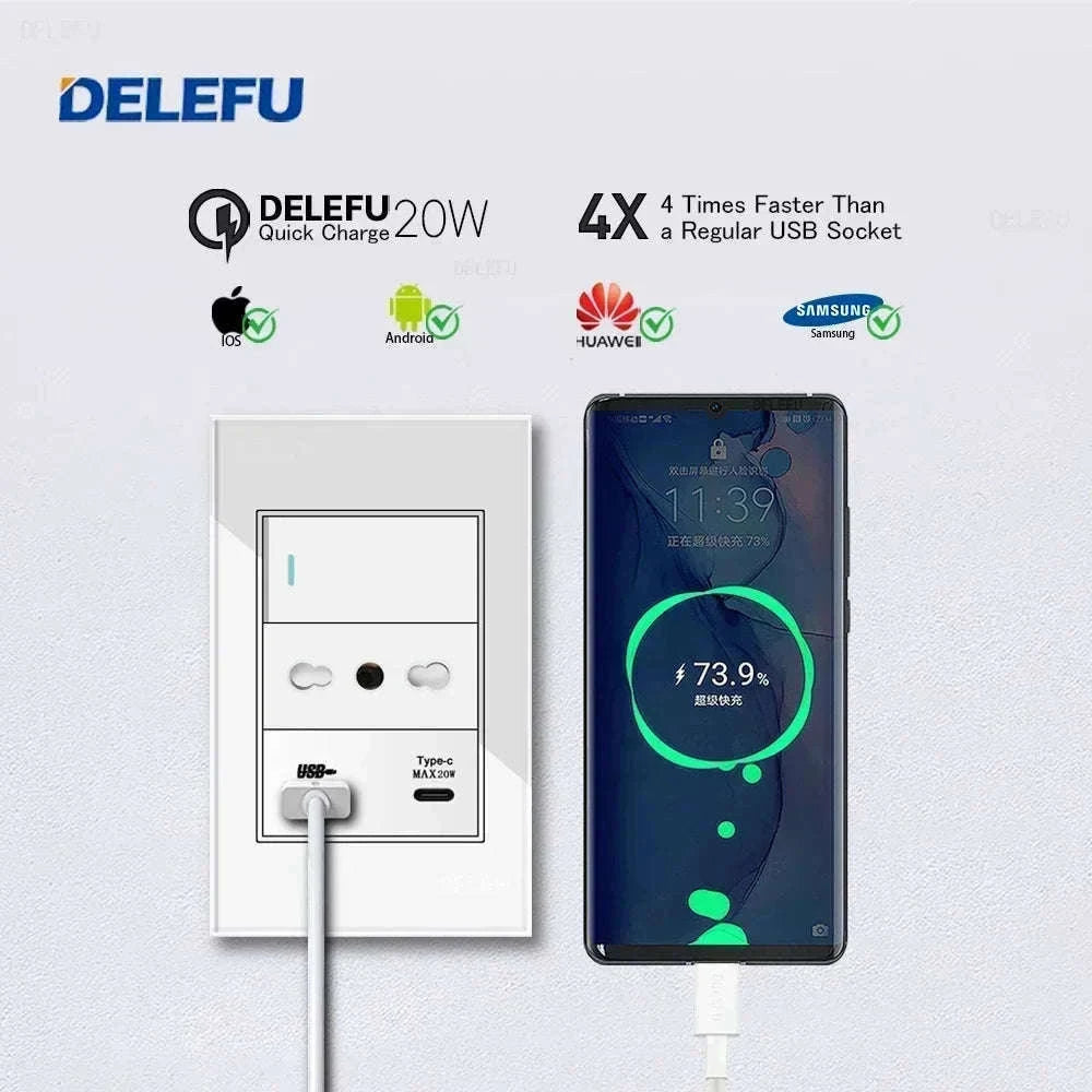 Tempered Glass Tuya WiFi Smart Wall Socket with USB-C Charging-Glass White / 2 Italy AC
