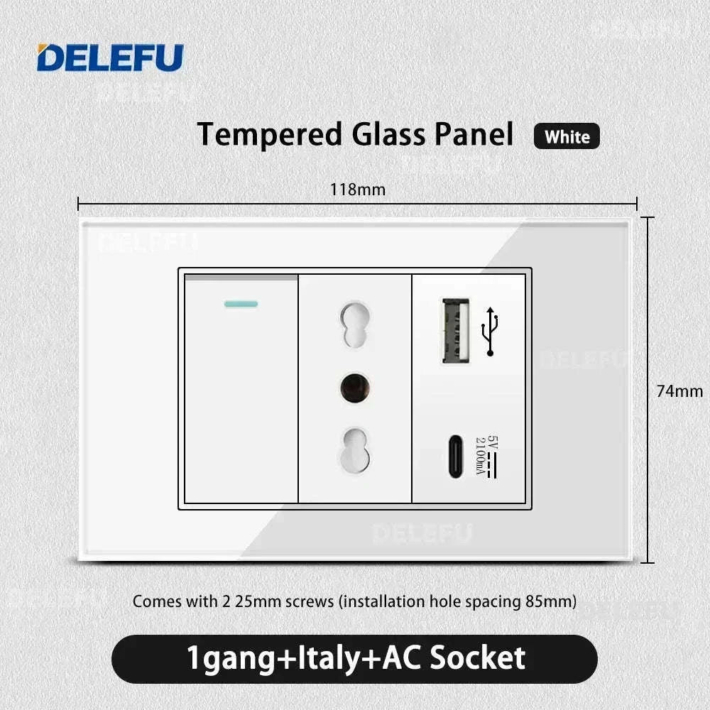 Tempered Glass Tuya WiFi Smart Wall Socket with USB-C Charging-Glass White / 2 Italy AC